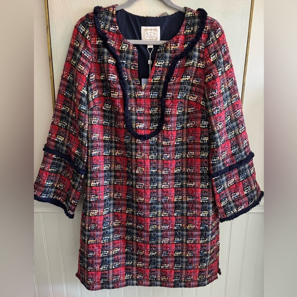 SAIL TO SABLE Red Navy Yellow Tartan Tunic Fringe Dress NWT Size Small - Picture 2 of 9